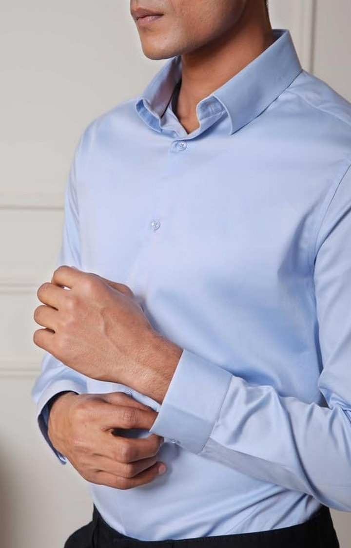 SUBTRACT-Men Sky Blue Slim Fit Solid Spread Collar Cotton Satin Evening Shirt