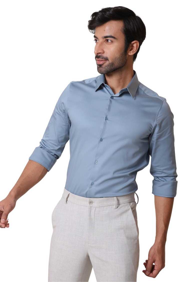 SUBTRACT-Men Stone Blue Slim Fit Solid Spread Collar Cotton Satin Evening Shirt