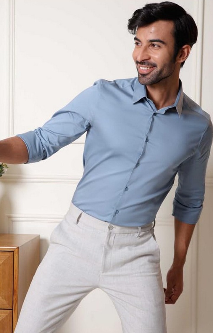 SUBTRACT-Men Stone Blue Slim Fit Solid Spread Collar Cotton Satin Evening Shirt
