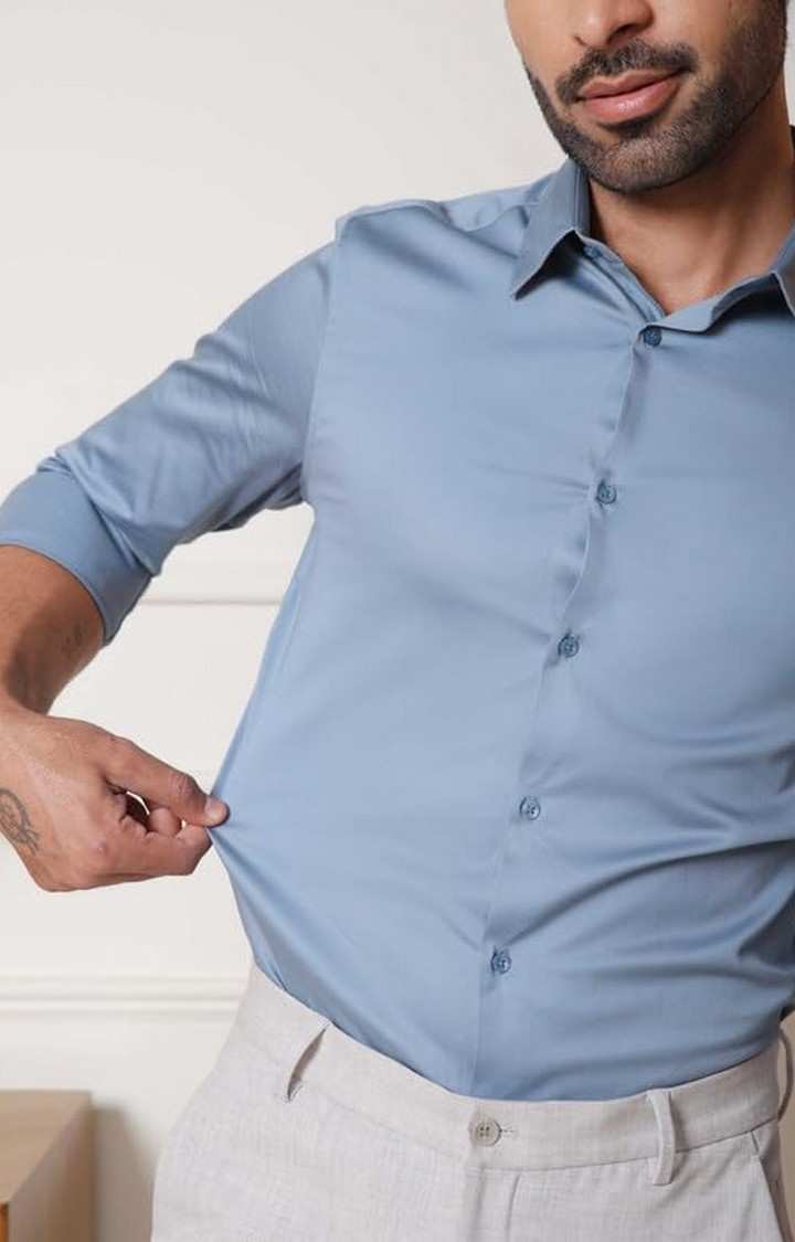 SUBTRACT-Men Stone Blue Slim Fit Solid Spread Collar Cotton Satin Evening Shirt