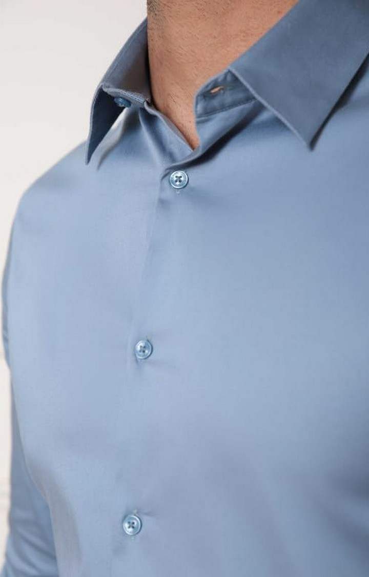SUBTRACT-Men Stone Blue Slim Fit Solid Spread Collar Cotton Satin Evening Shirt