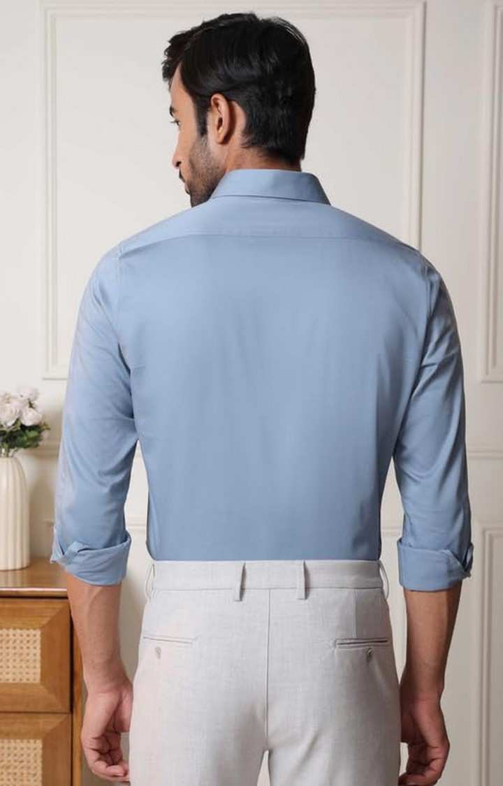 SUBTRACT-Men Stone Blue Slim Fit Solid Spread Collar Cotton Satin Evening Shirt