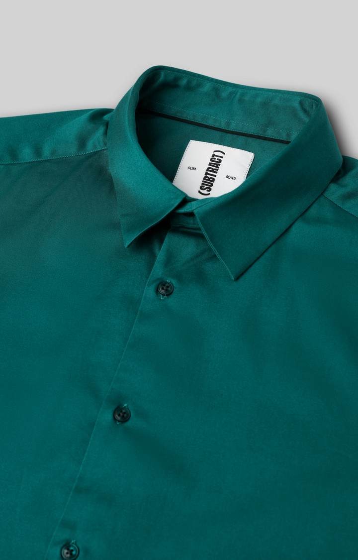 SUBTRACT-Men Teal Slim Fit Solid Spread Collar Cotton Satin Evening Shirt