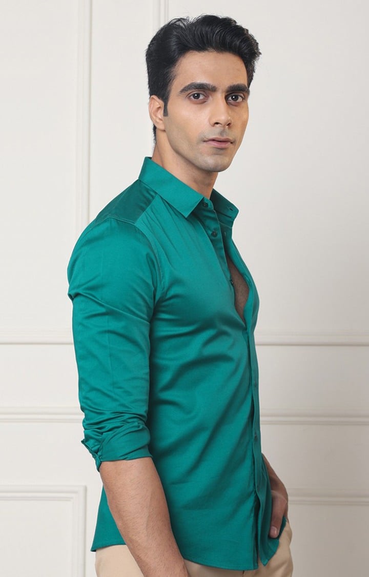 SUBTRACT-Men Teal Slim Fit Solid Spread Collar Cotton Satin Evening Shirt