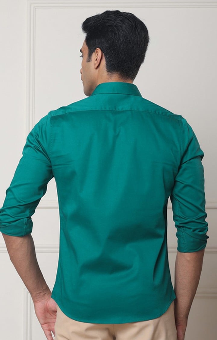 SUBTRACT-Men Teal Slim Fit Solid Spread Collar Cotton Satin Evening Shirt