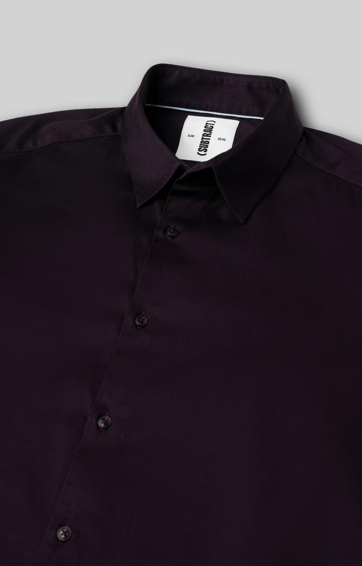 SUBTRACT-Men Wine Slim Fit Solid Spread Collar Cotton Satin Evening Shirt