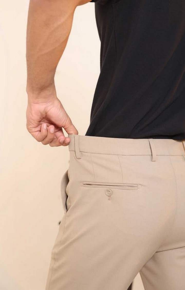 SUBTRACT Men 4 Way Stretch Wrinkle Free Slim Fit Formal Trouser in Beige with 2 inch Flexible Waistband