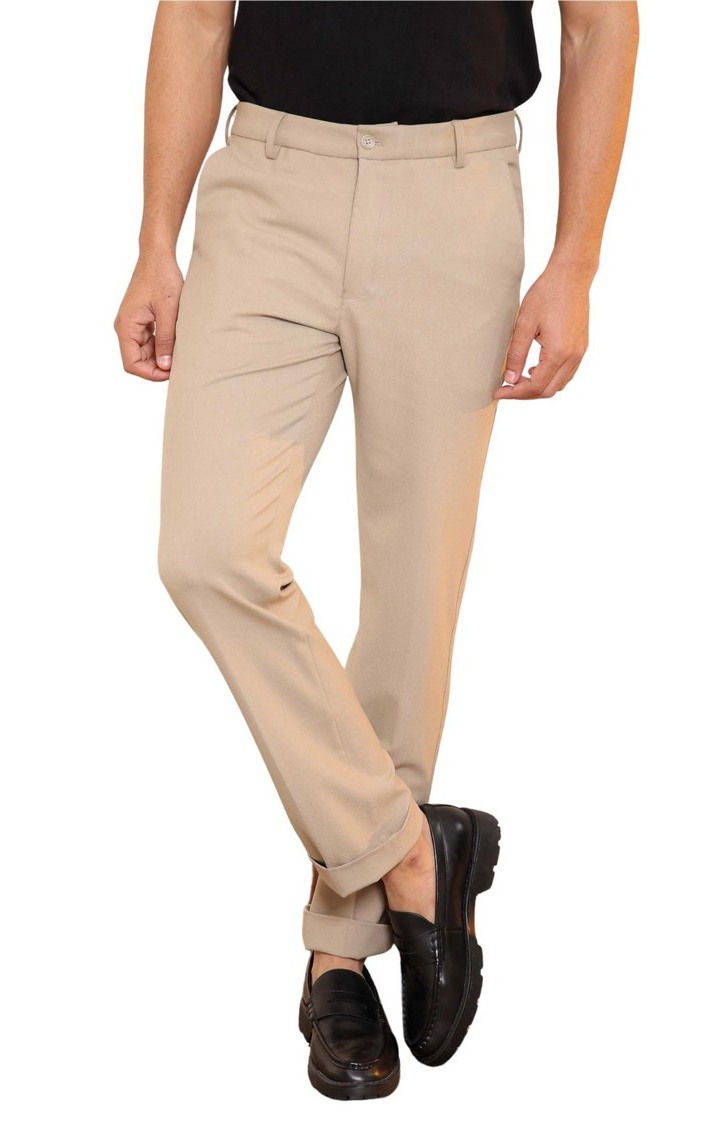 SUBTRACT Men 4 Way Stretch Wrinkle Free Slim Fit Formal Trouser in Beige with 2 inch Flexible Waistband