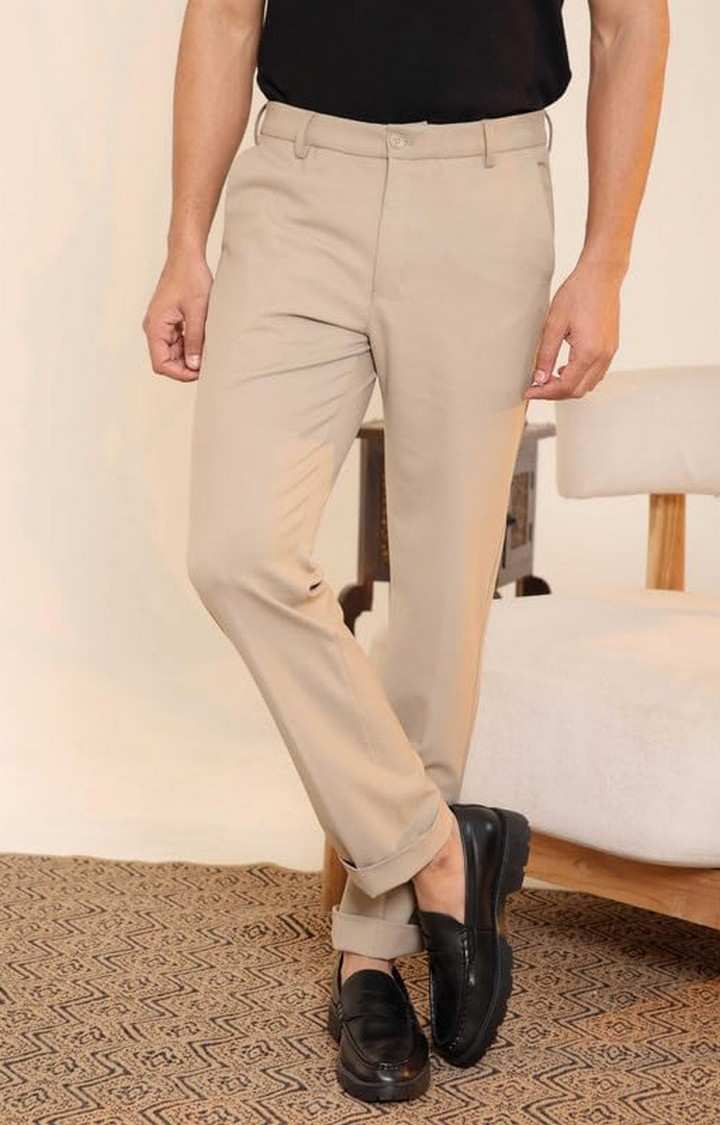 SUBTRACT Men 4 Way Stretch Wrinkle Free Slim Fit Formal Trouser in Beige with 2 inch Flexible Waistband