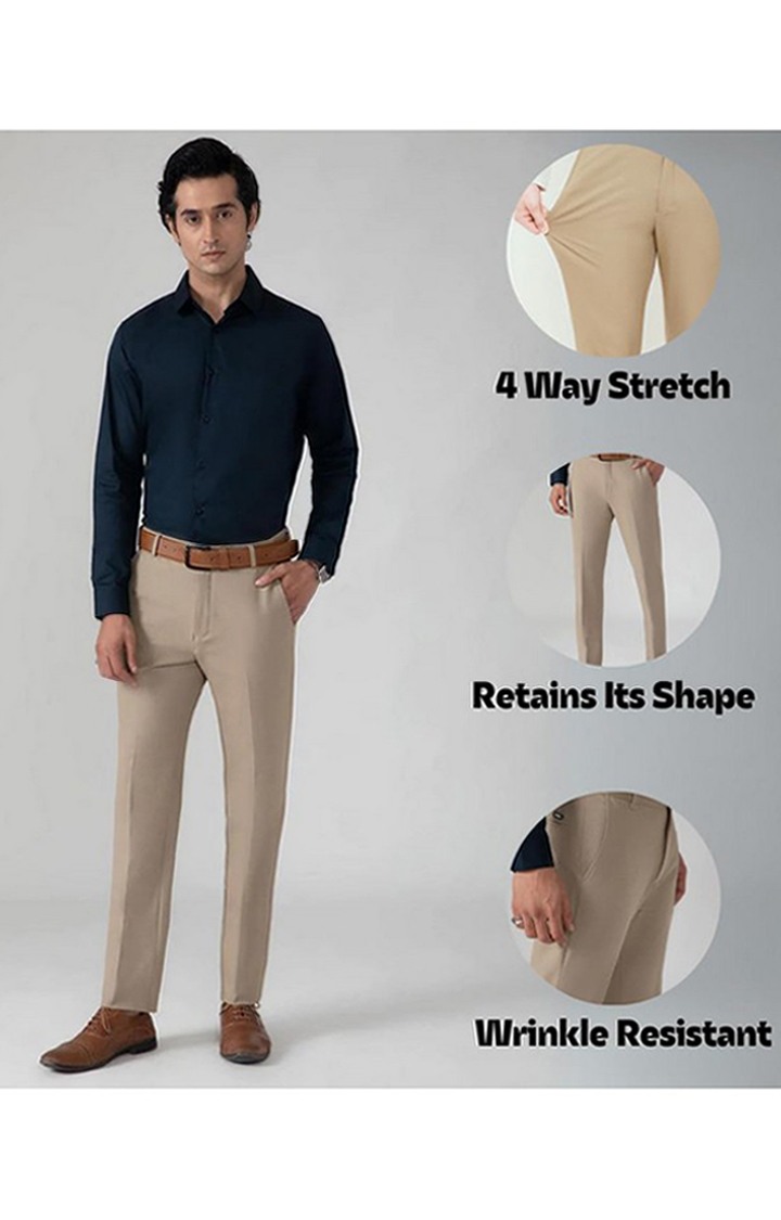 SUBTRACT Men 4 Way Stretch Wrinkle Free Slim Fit Formal Trouser in Beige with 2 inch Flexible Waistband