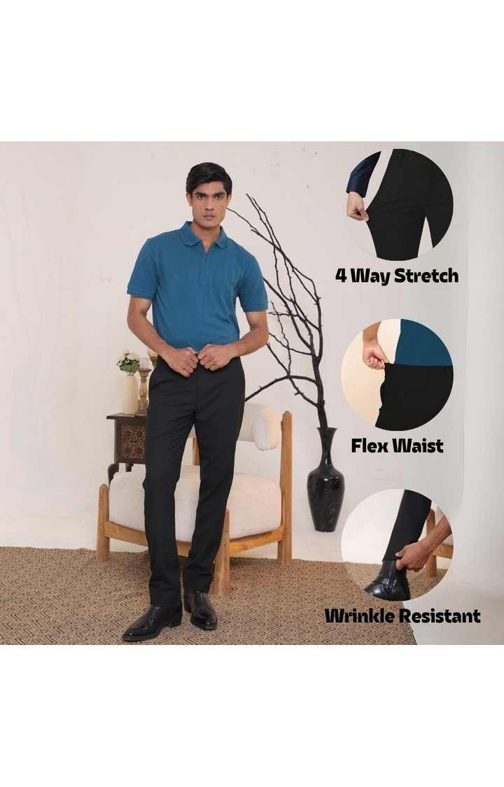SUBTRACT Men 4 Way Stretch Wrinkle Free Slim Fit Formal Trouser in Black with 2 inch Flexible Waistband