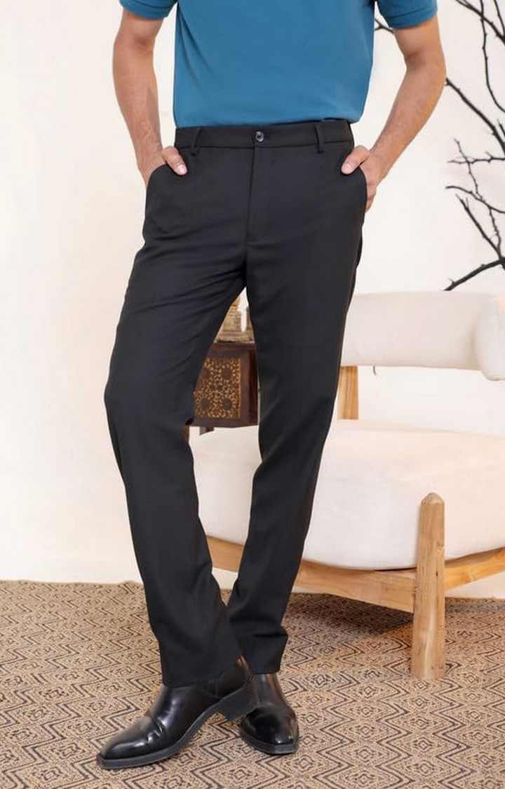 SUBTRACT Men 4 Way Stretch Wrinkle Free Slim Fit Formal Trouser in Black with 2 inch Flexible Waistband