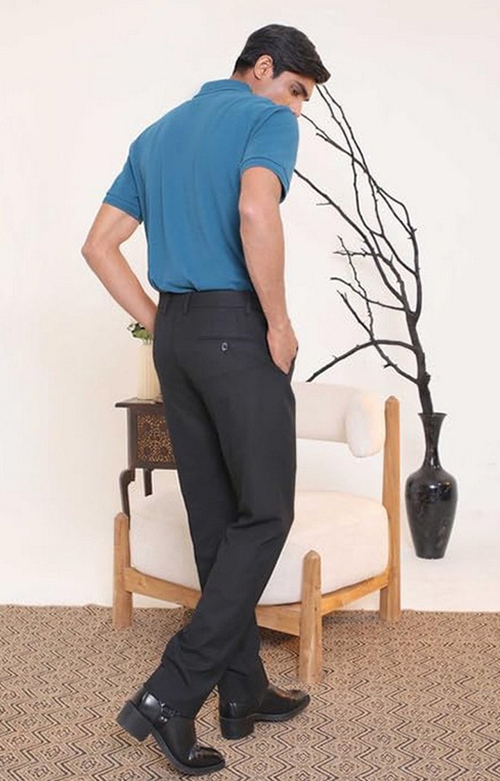 SUBTRACT Men 4 Way Stretch Wrinkle Free Slim Fit Formal Trouser in Black with 2 inch Flexible Waistband
