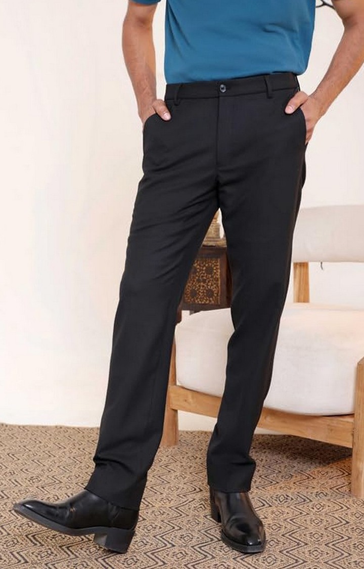 SUBTRACT Men 4 Way Stretch Wrinkle Free Slim Fit Formal Trouser in Black with 2 inch Flexible Waistband