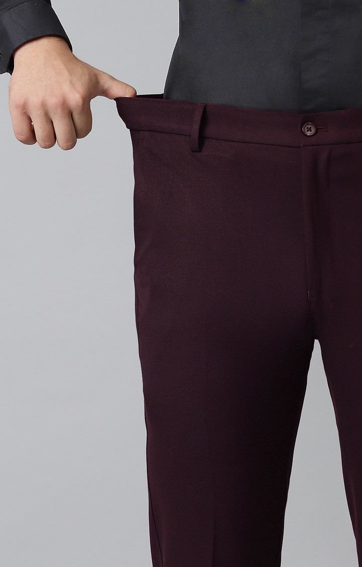 SUBTRACT Men 4 Way Stretch Wrinkle Free Slim Fit Formal Trouser in Dark Wine with 2 inch Flexible Waistband