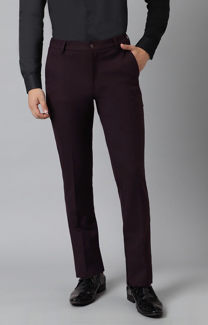 SUBTRACT Men 4 Way Stretch Wrinkle Free Slim Fit Formal Trouser in Dark Wine with 2 inch Flexible Waistband