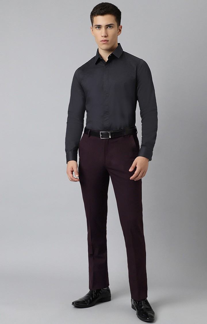 SUBTRACT Men 4 Way Stretch Wrinkle Free Slim Fit Formal Trouser in Dark Wine with 2 inch Flexible Waistband