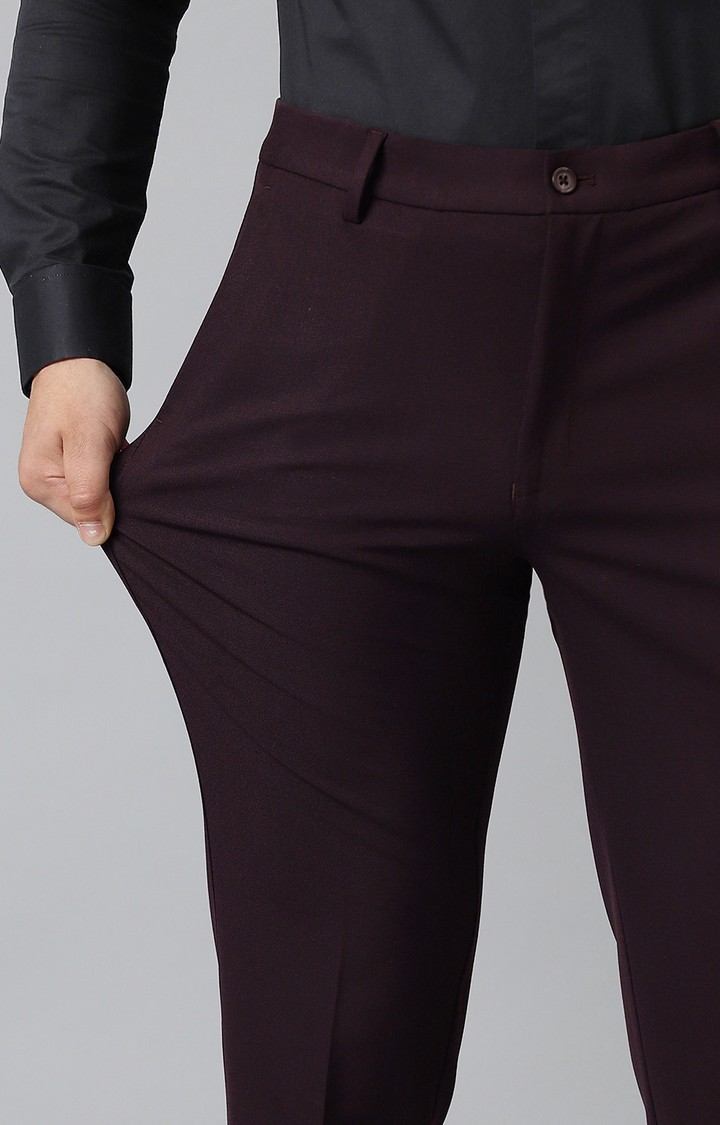 SUBTRACT Men 4 Way Stretch Wrinkle Free Slim Fit Formal Trouser in Dark Wine with 2 inch Flexible Waistband