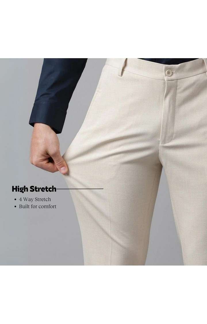 SUBTRACT Men 4 Way Stretch Wrinkle Free Slim Fit Formal Trouser in Ivory Sand with 2 inch Flexible Waistband