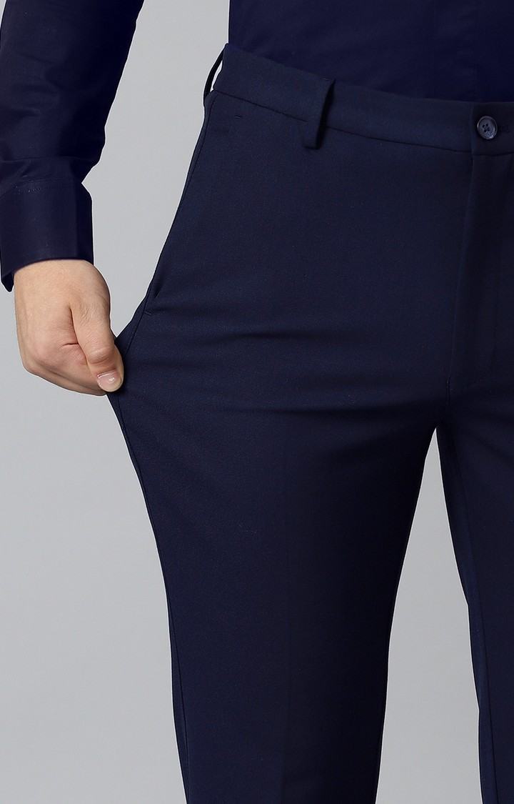 SUBTRACT Men 4 Way Stretch Wrinkle Free Slim Fit Formal Trouser in Navy Blue with 2 inch Flexible Waistband