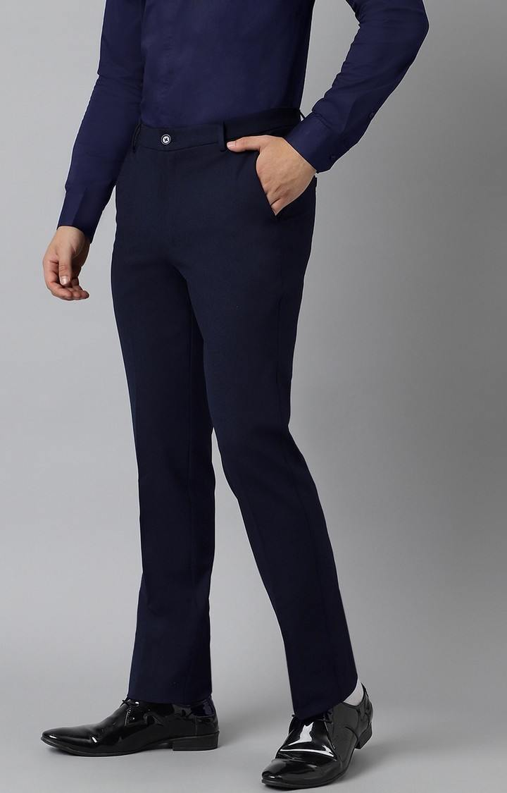 SUBTRACT Men 4 Way Stretch Wrinkle Free Slim Fit Formal Trouser in Navy Blue with 2 inch Flexible Waistband