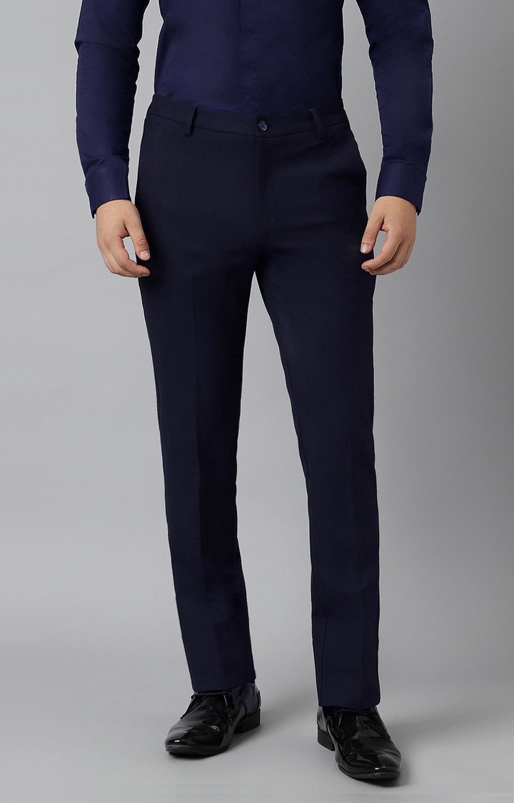 SUBTRACT Men 4 Way Stretch Wrinkle Free Slim Fit Formal Trouser in Navy Blue with 2 inch Flexible Waistband