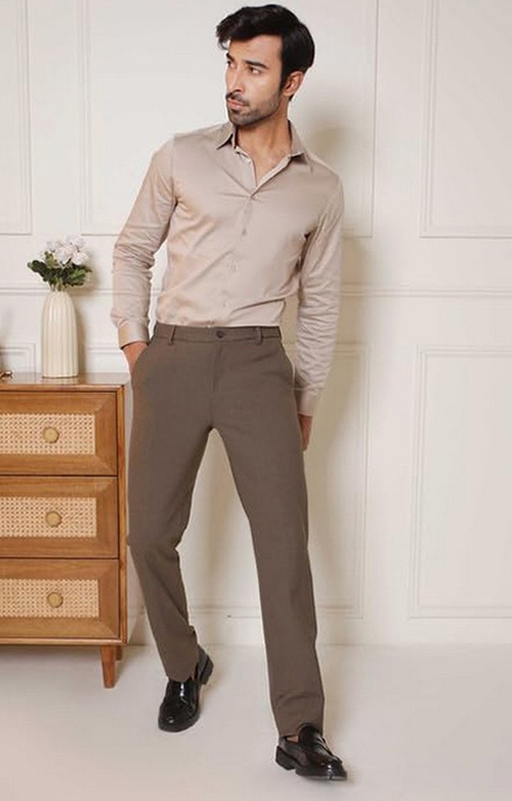 SUBTRACT Men 4 Way Stretch Wrinkle Free Slim Fit Formal Trouser in Oak Brown with 2 inch Flexible Waistband