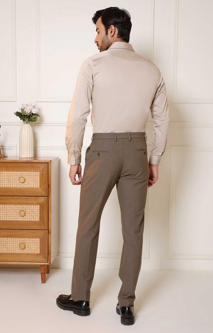 SUBTRACT Men 4 Way Stretch Wrinkle Free Slim Fit Formal Trouser in Oak Brown with 2 inch Flexible Waistband