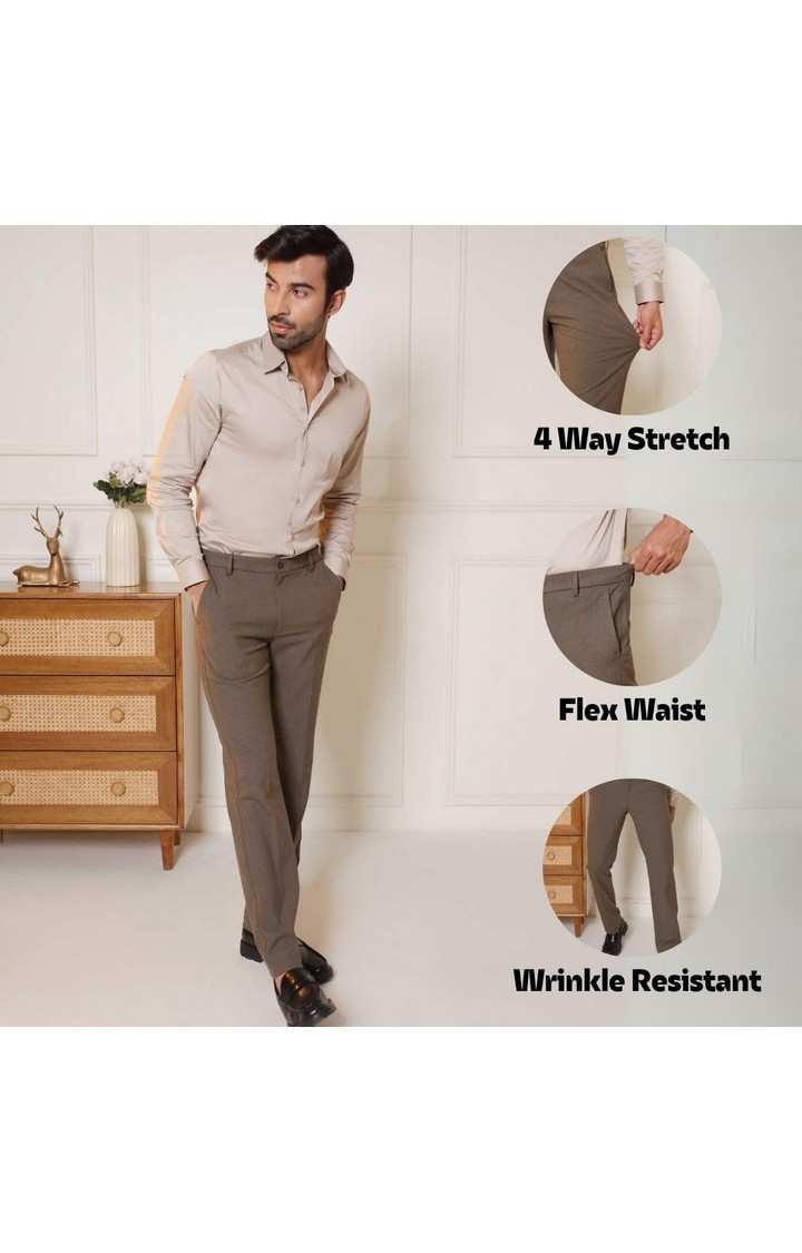 SUBTRACT Men 4 Way Stretch Wrinkle Free Slim Fit Formal Trouser in Oak Brown with 2 inch Flexible Waistband