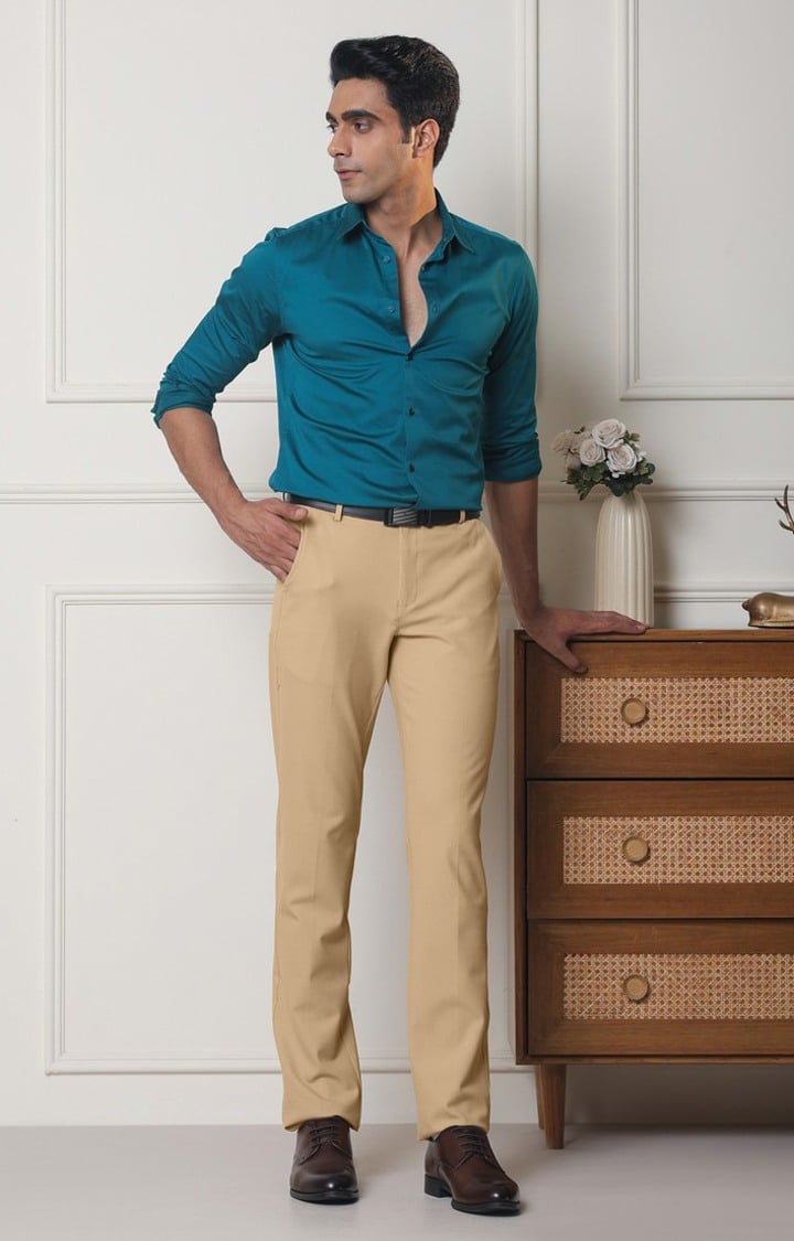 SUBTRACT Men 4 Way Stretch Wrinkle Free Slim Fit Formal Trouser in Sand with 2 inch Flexible Waistband