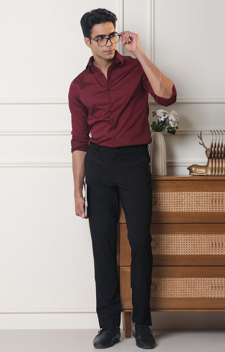 SUBTRACT Men 2 Way Stretch Wrinkle Free Slim Fit Checked Formal Trouser in Charcoal Grey