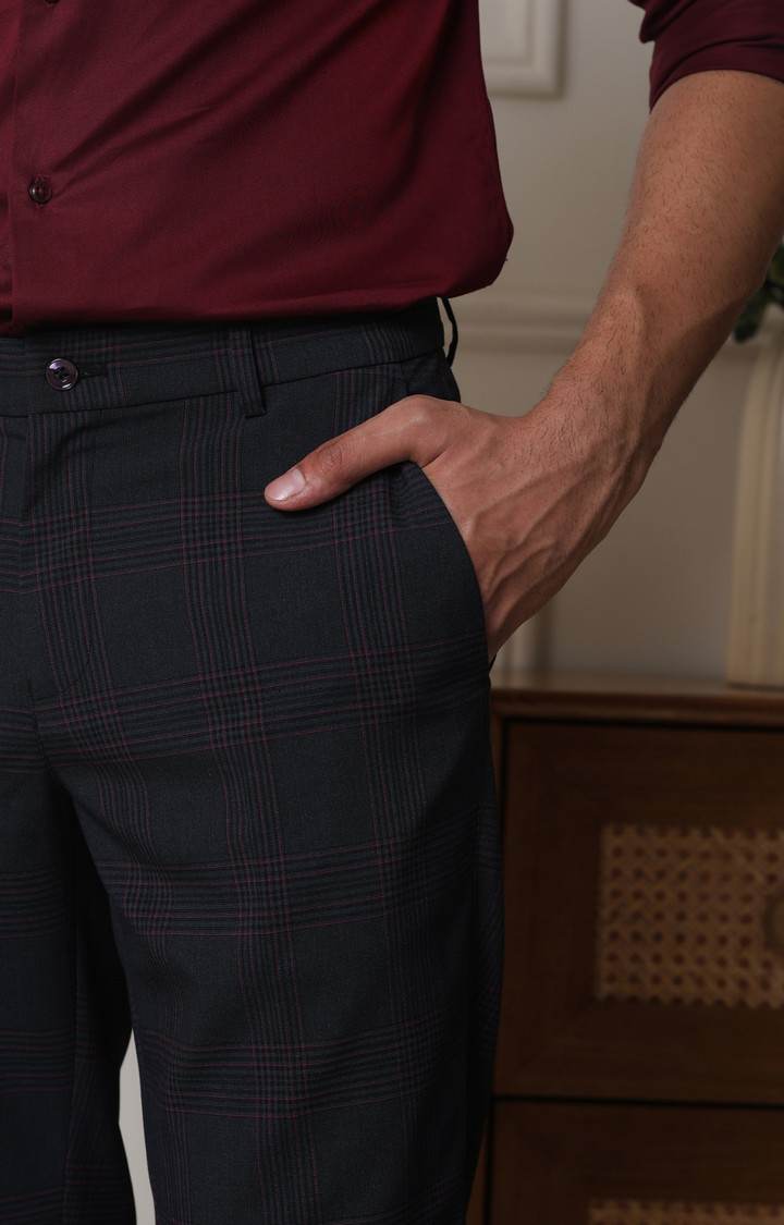 SUBTRACT Men 2 Way Stretch Wrinkle Free Slim Fit Checked Formal Trouser in Charcoal Grey
