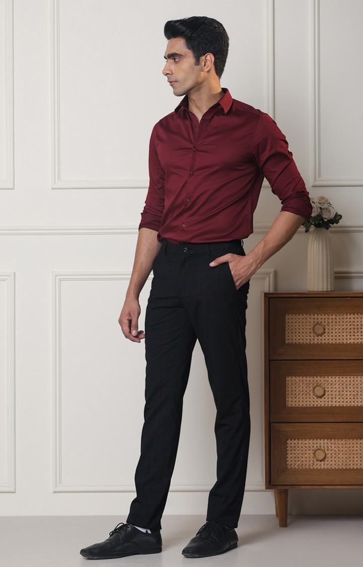 SUBTRACT Men 2 Way Stretch Wrinkle Free Slim Fit Checked Formal Trouser in Charcoal Grey