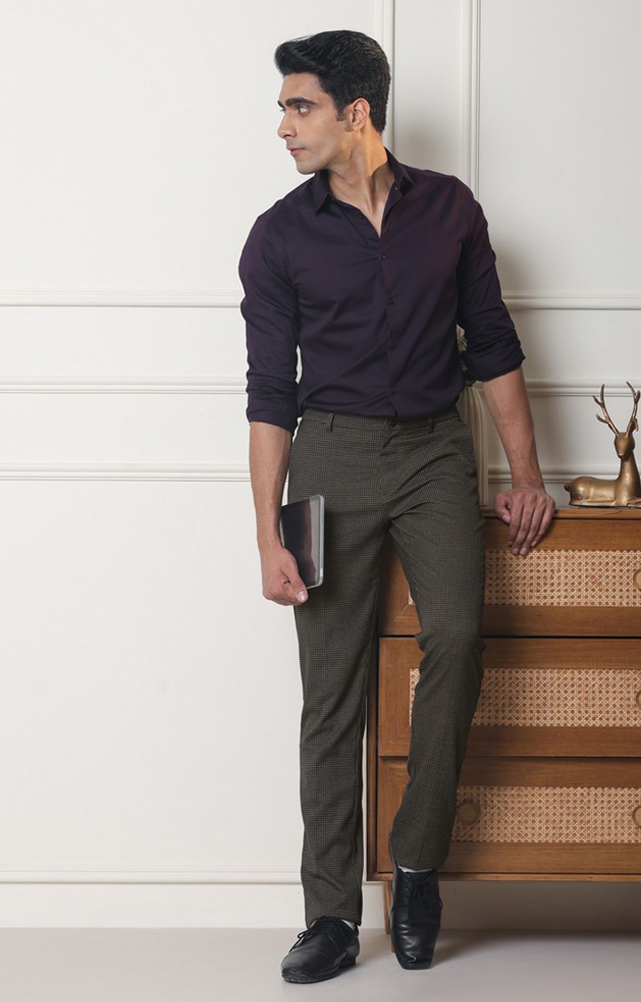 SUBTRACT Men 2 Way Stretch Wrinkle Free Slim Fit Checked Formal Trouser in Grey Violet