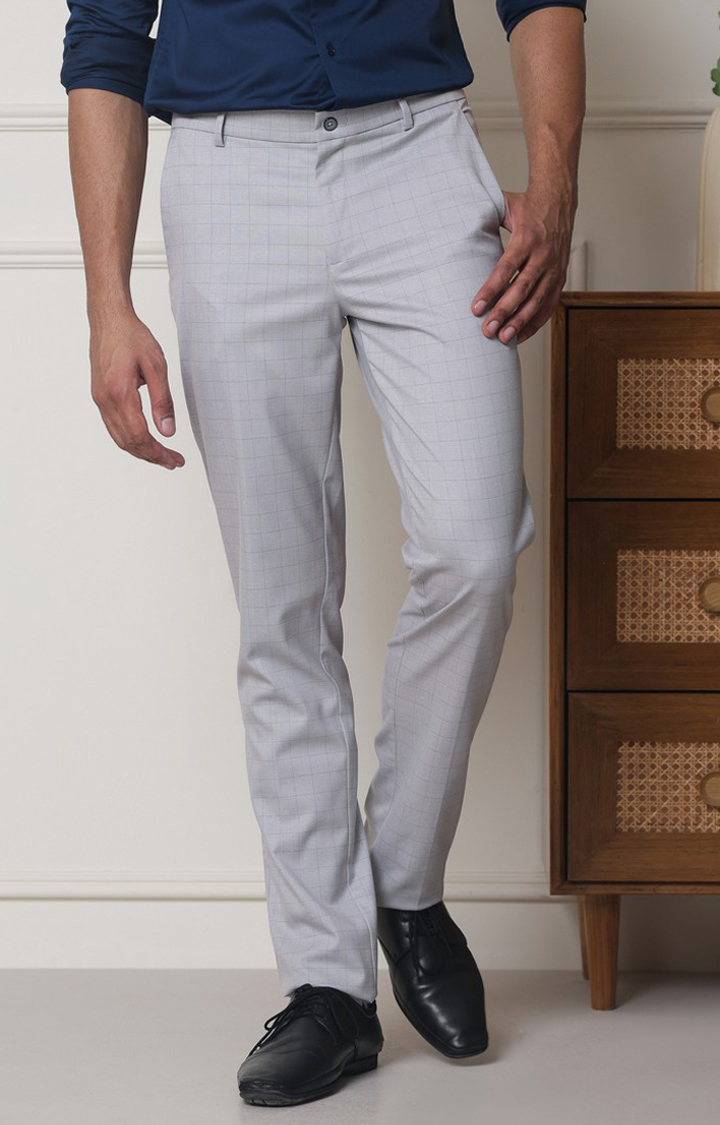 SUBTRACT Men 2 Way Stretch Wrinkle Free Slim Fit Checked Formal Trouser in Lunar Grey