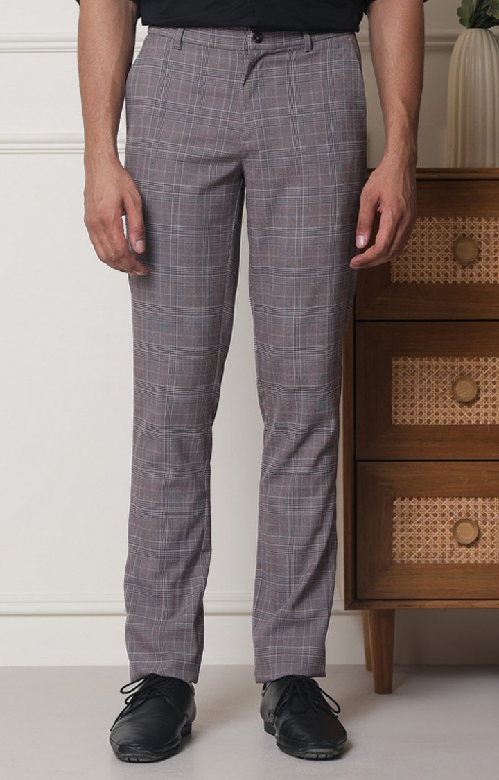 SUBTRACT Men 2 Way Stretch Wrinkle Free Slim Fit Checked Formal Trouser in Mauve