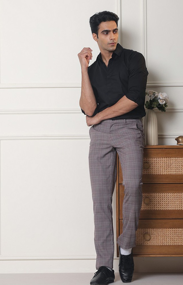 SUBTRACT Men 2 Way Stretch Wrinkle Free Slim Fit Checked Formal Trouser in Mauve