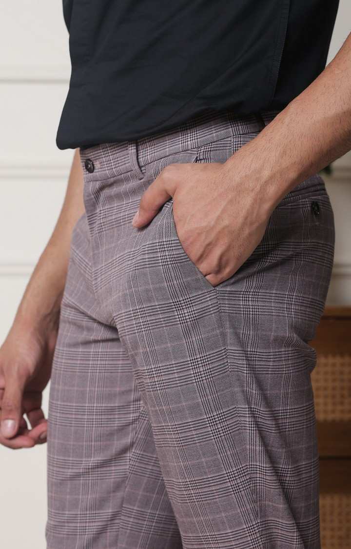SUBTRACT Men 2 Way Stretch Wrinkle Free Slim Fit Checked Formal Trouser in Mauve
