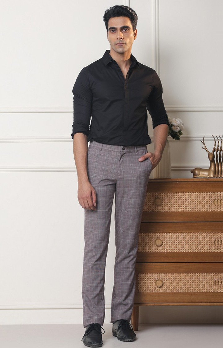 SUBTRACT Men 2 Way Stretch Wrinkle Free Slim Fit Checked Formal Trouser in Mauve