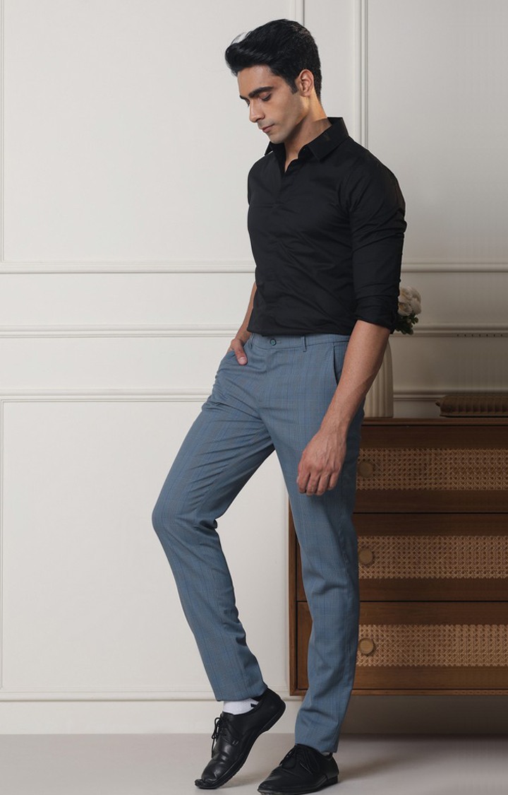 SUBTRACT Men 2 Way Stretch Wrinkle Free Slim Fit Checked Formal Trouser in Sky