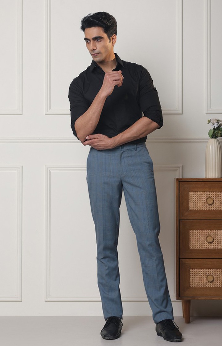 SUBTRACT Men 2 Way Stretch Wrinkle Free Slim Fit Checked Formal Trouser in Sky