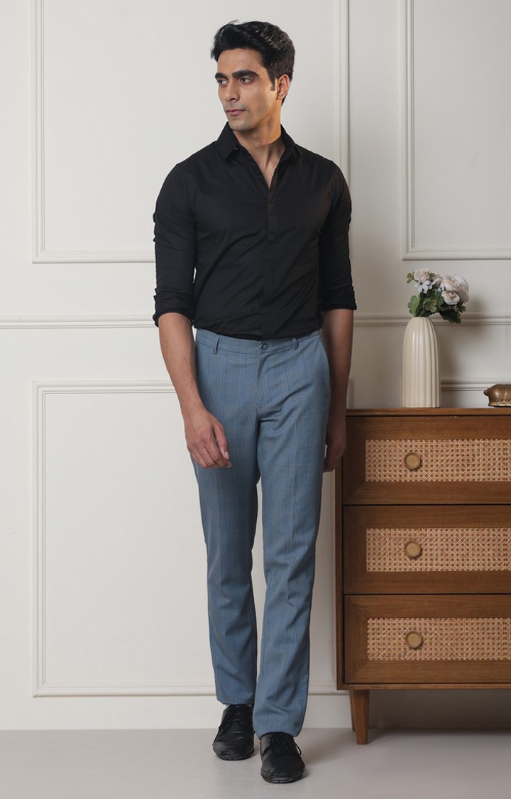 SUBTRACT Men 2 Way Stretch Wrinkle Free Slim Fit Checked Formal Trouser in Sky