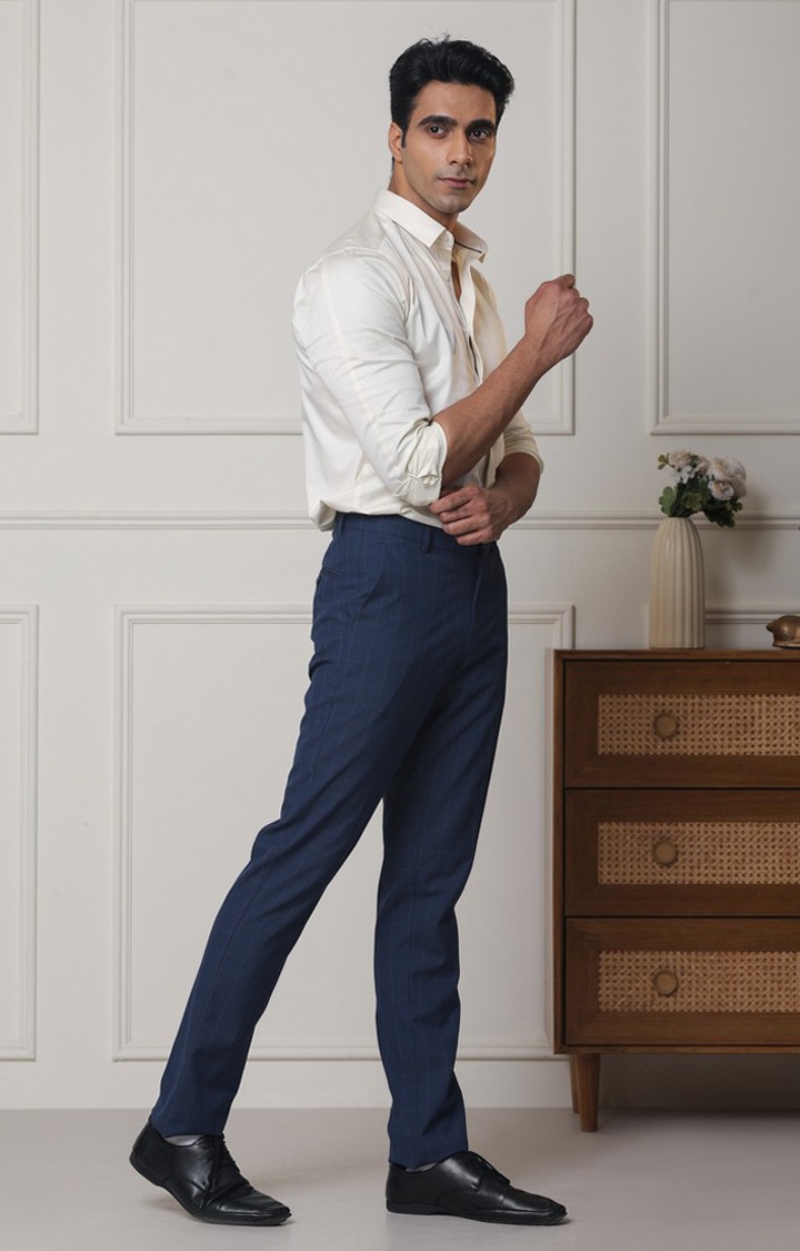 SUBTRACT Men 2 Way Stretch Wrinkle Free Slim Fit Checked Formal Trouser in Stone Blue