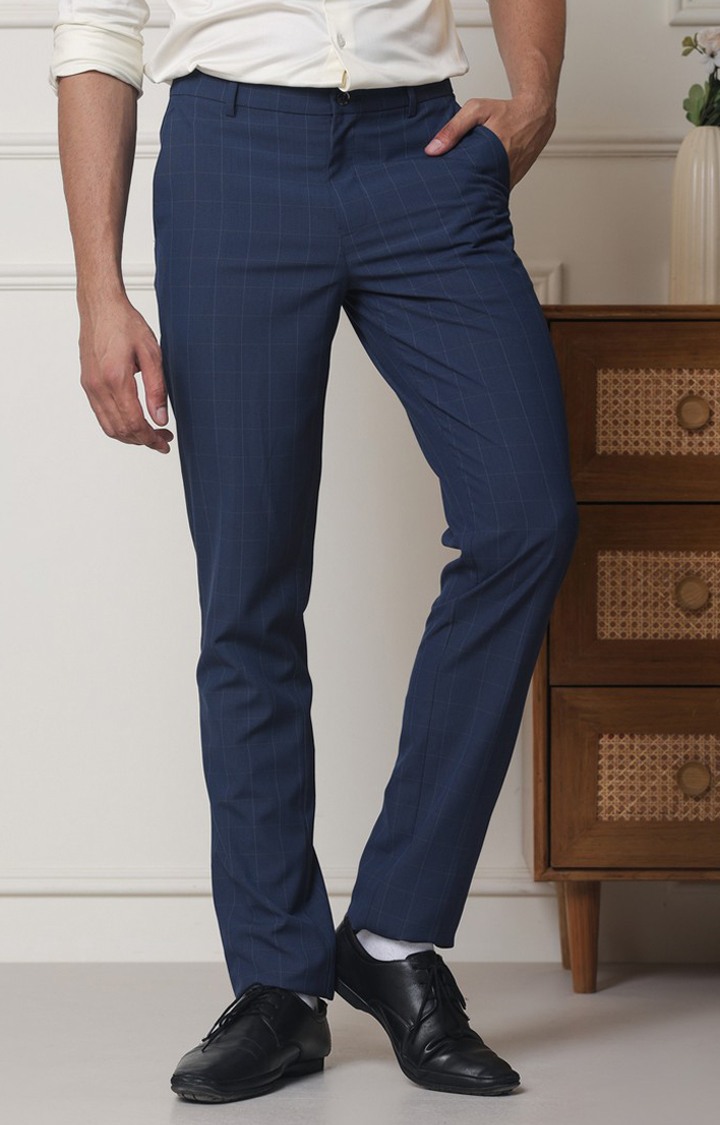 SUBTRACT Men 2 Way Stretch Wrinkle Free Slim Fit Checked Formal Trouser in Stone Blue