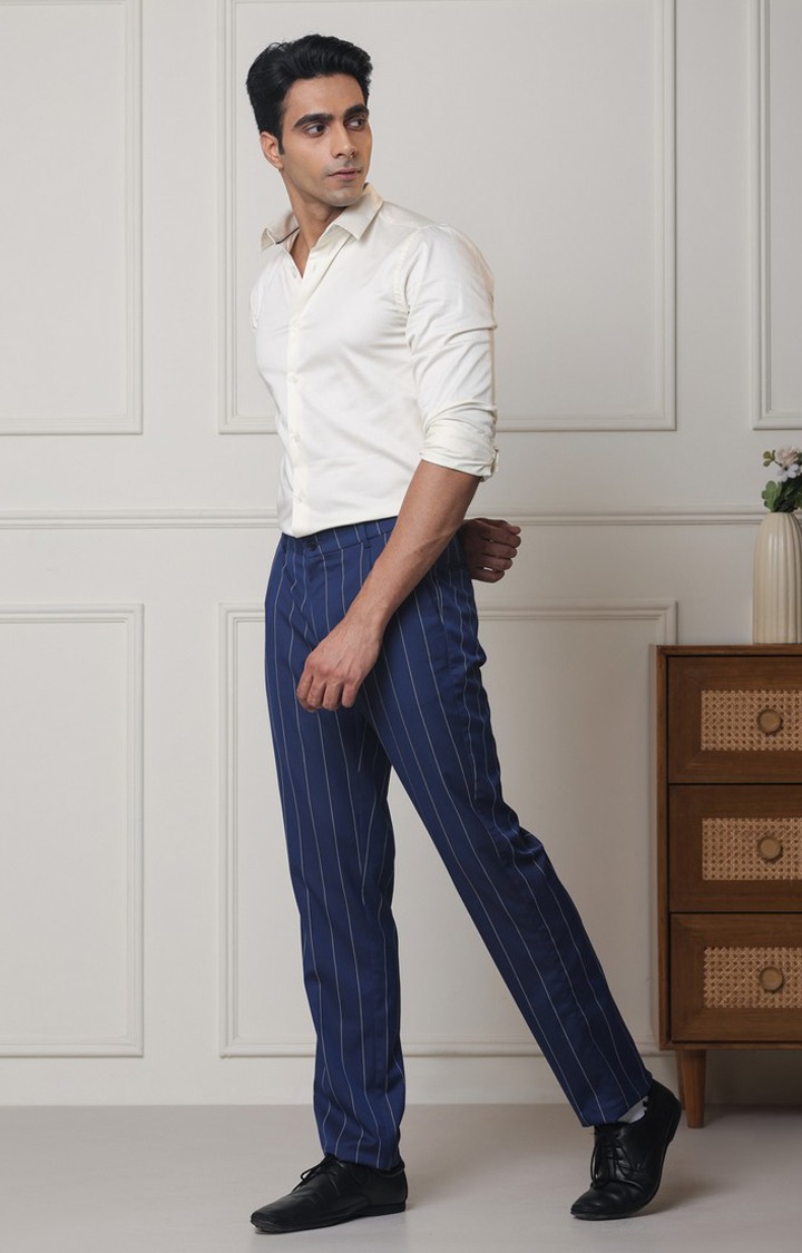 SUBTRACT Men 2 Way Stretch Wrinkle Free Slim Fit Checked Formal Trouser in Denim Blue