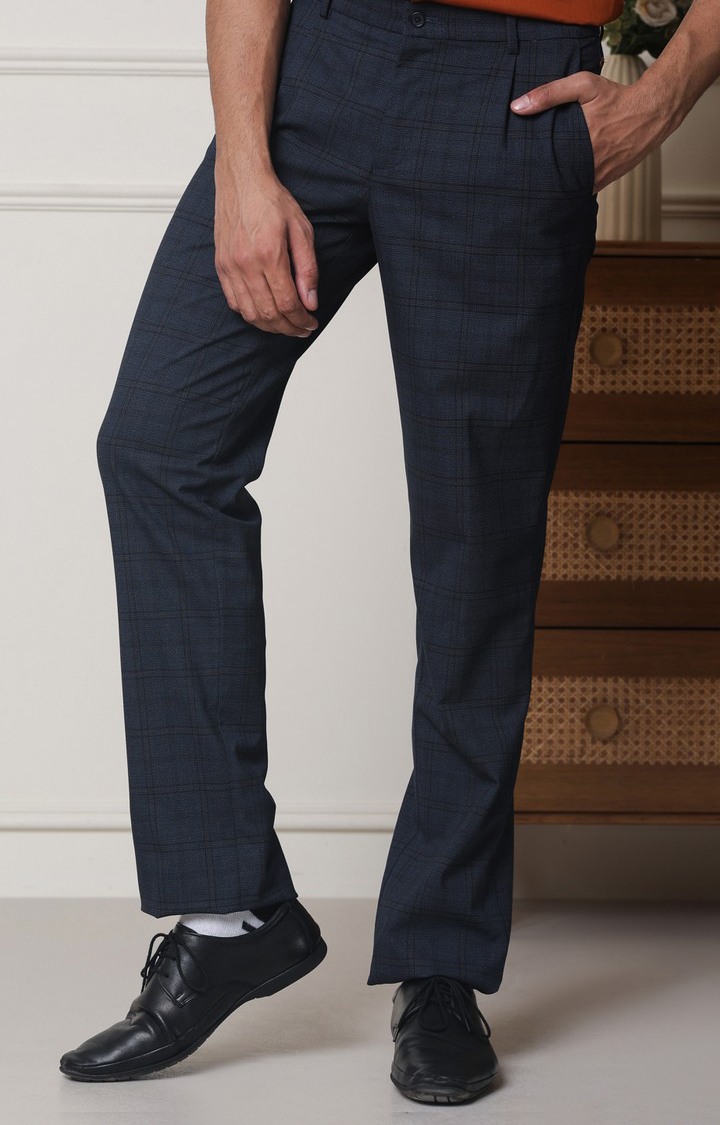 SUBTRACT Men 2 Way Stretch Wrinkle Free Slim Fit Checked Formal Trouser in Oxford Blue