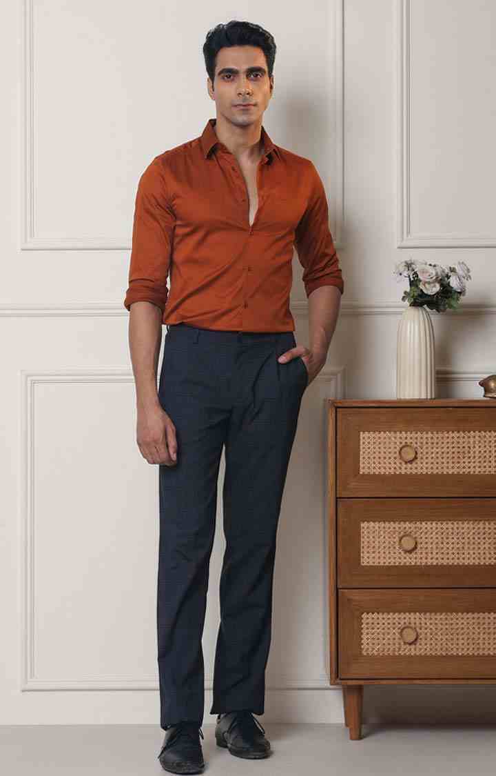 SUBTRACT Men 2 Way Stretch Wrinkle Free Slim Fit Checked Formal Trouser in Oxford Blue