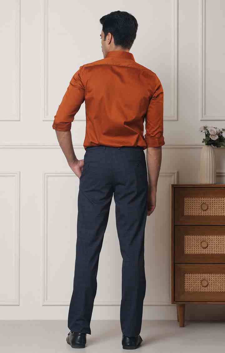 SUBTRACT Men 2 Way Stretch Wrinkle Free Slim Fit Checked Formal Trouser in Oxford Blue