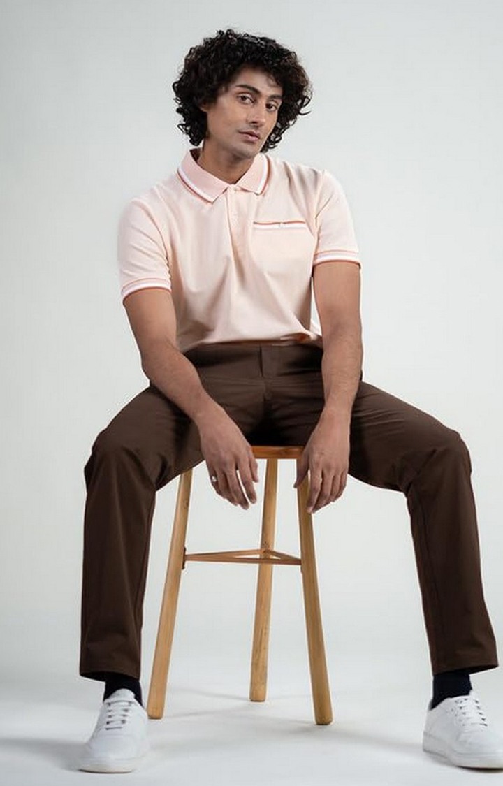 SUBTRACT-Men Peach Comfort Fit Solid Polo Casual T-Shirt