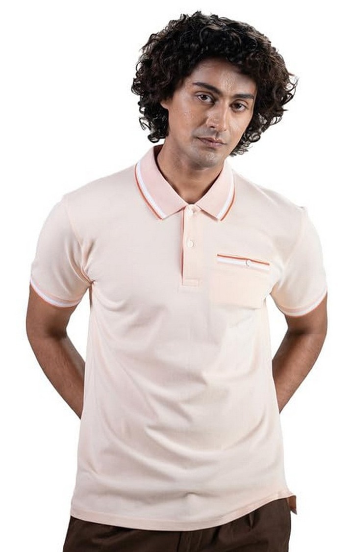 SUBTRACT-Men Peach Comfort Fit Solid Polo Casual T-Shirt